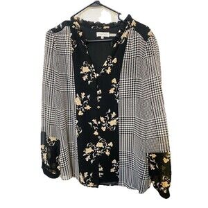 Calvin Klein Sz Large Houndstooth Floral Ruffled Button-Up Top